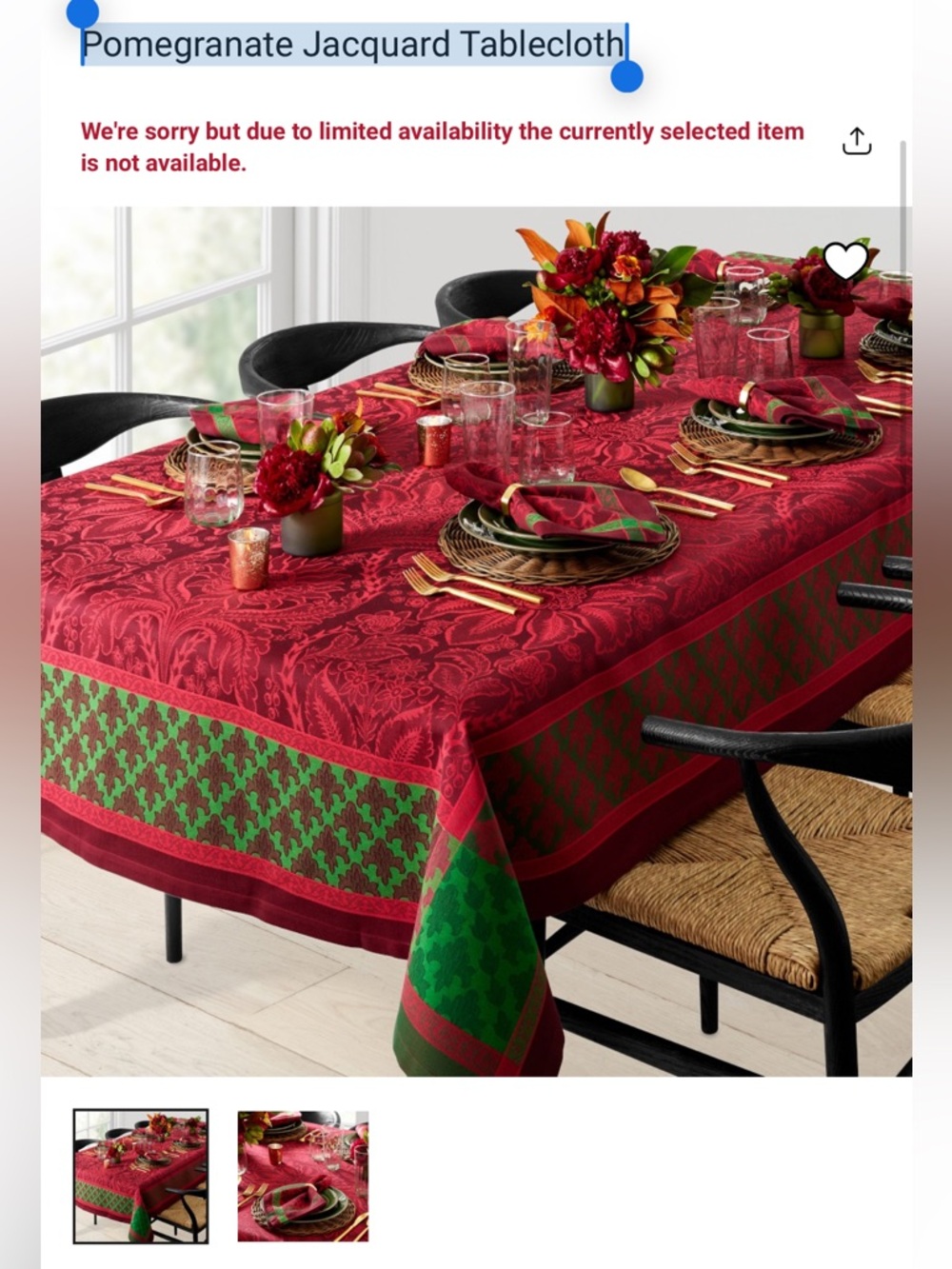Williams Sonoma Pomegranate Jacquard Tablecloth 70x108 Red Christmas Holiday NWT